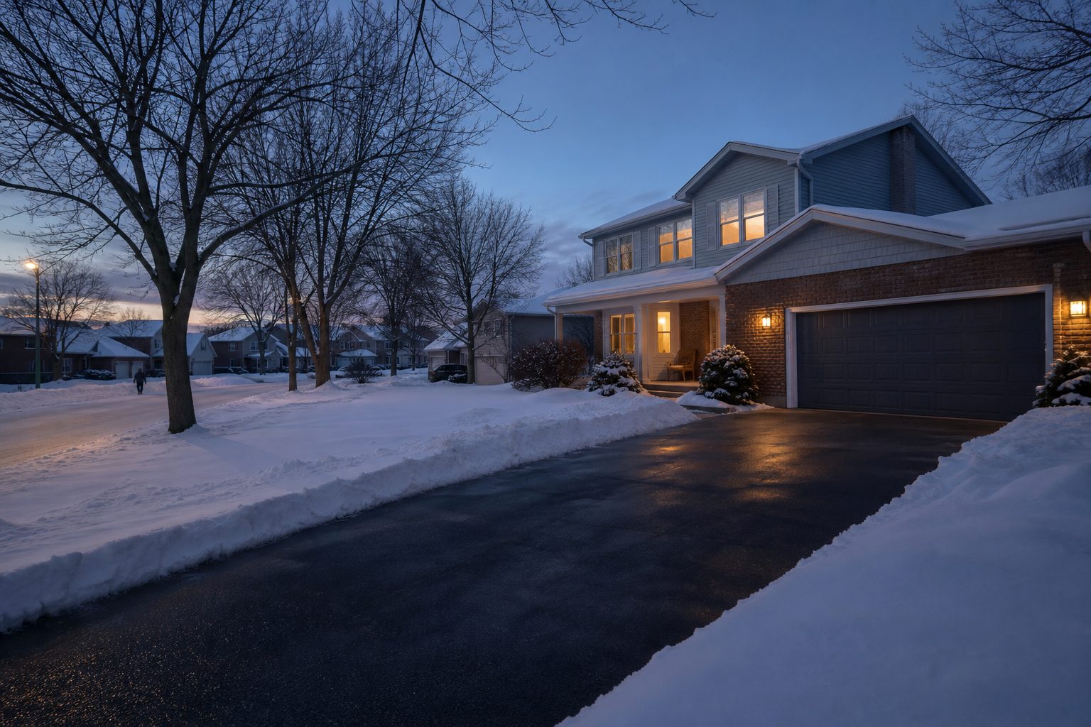 Snow-covered residential driveway cleared to the pavement on a winter morning in Kitchener